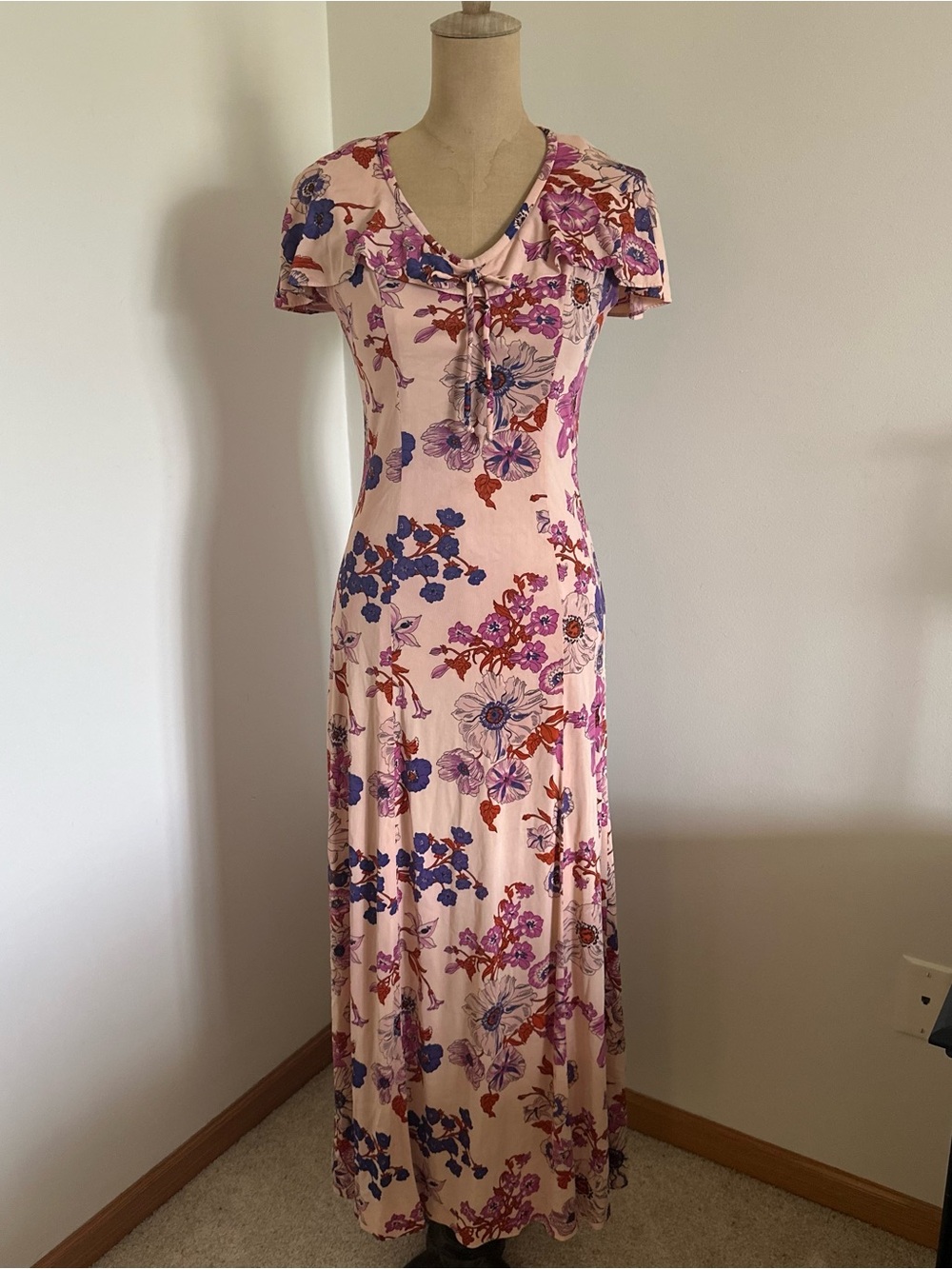 70s Vintage Pink Floral Retro Maxi Dress - Garden wedding party
